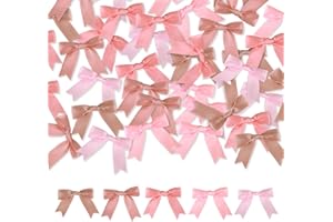 Meseey 50 Pcs Dusty Rose Gold Assorted 2.5 Inch Premade Pretied Satin Ribbon Twist Tie Bows for Treat Bags Gift Wrapping Wedding Baby Shower Brithday Valentine's Day Christmas Party（2.5”Rose Pink)