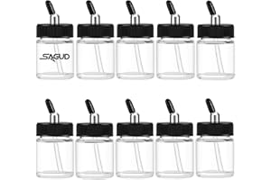 SAGUD 10pcs Glass Airbrush Bottles Kit 3/4 Ounce (20cc) Airbrush Jar with 10pcs Adapter Cap Covers Set and 30° Down Angle Adaptor Lid, Fits Dual–Action Siphon Feed Airbrushes