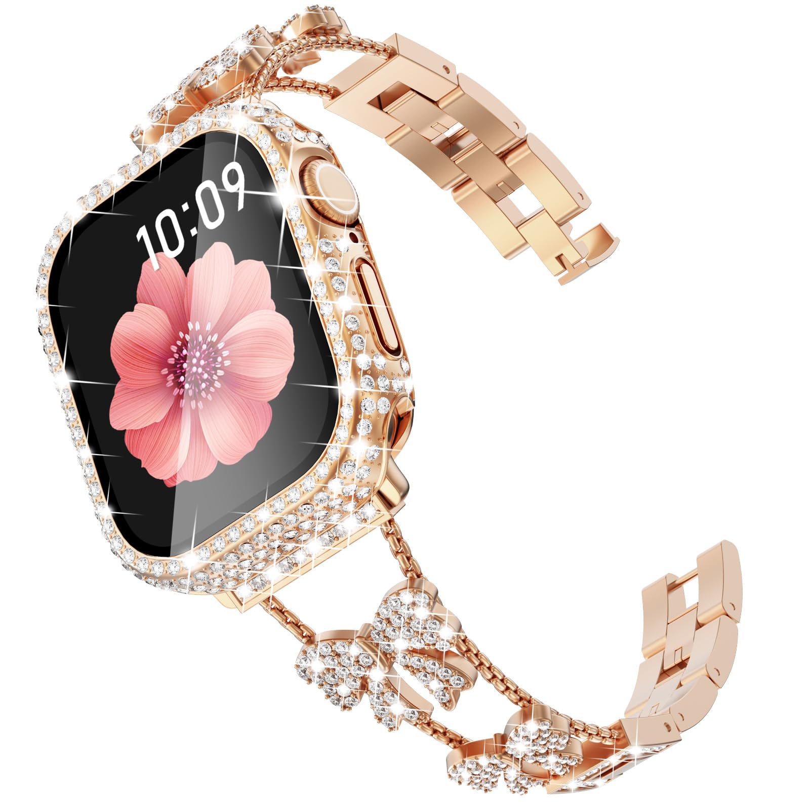 Surace Compatible with Apple Watch Bands for Women 40mm 41mm 44mm 45mm 42mm 46mm, Bow Jewelry Diamond Rhinestone Link Bracelet with 2 in 1 Waterproof Case for iWatch Series 11/10/9/8/7/6/5/4 SE3/2/1
