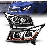 AmeriLite for 2011-2015 Chevy Cruze U-Type LED Tube Black Replacement Projector Headlights Pair w/Bulbs - Passenger and Driver Side