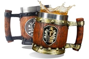 UIDMEN Personalized Wooden Beer Mug for Men, Custom Beer Mug with Engraved Plate, Double Wall Stainless Steel Tankard Mug, Vi