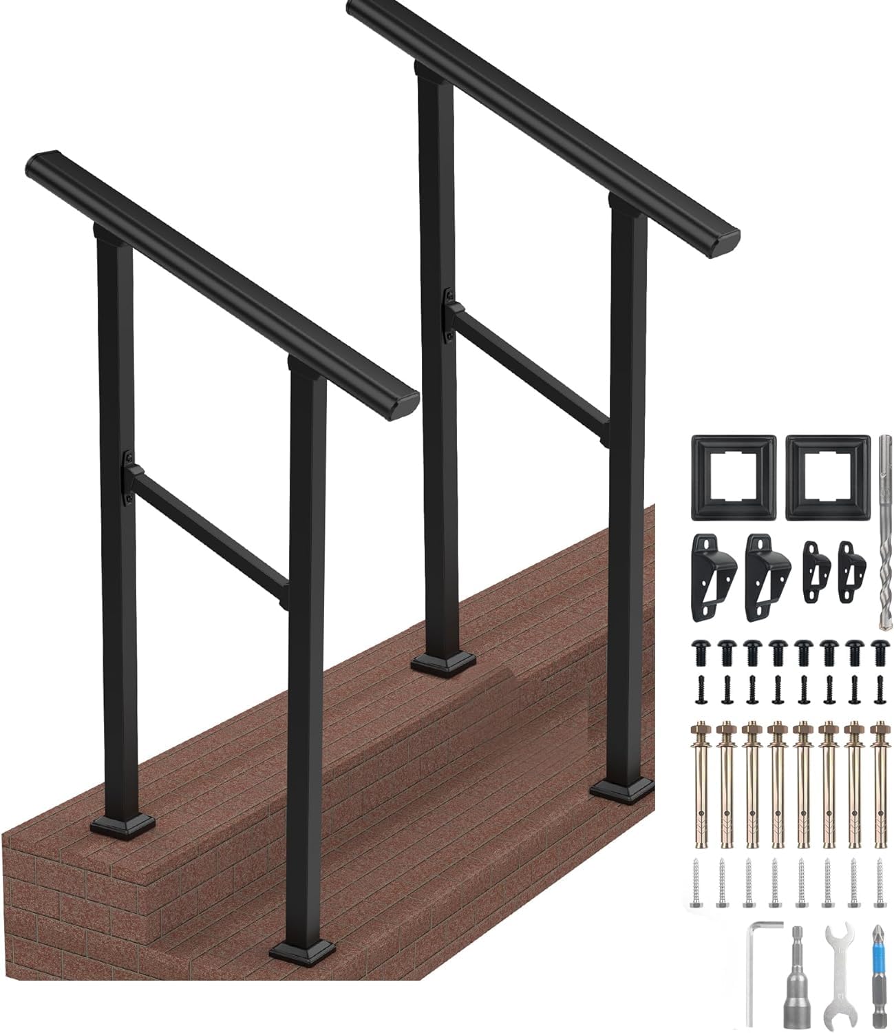 Photo 1 of 2 Pack Outdoor Stair Railing, Handrails for Outdoor Steps, Handrail Fits 1 to 2 Steps Metal Handrail Stair Rail with Installation Kit Hand Rails for Outdoor Steps 28"