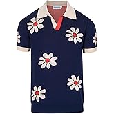 OXKNIT Men's Polo Shirts Retro Knitted V Neck Short Sleeve Navy Summer Shirt with Flower Design