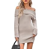 Saodimallsu Womens Off The Shoulder Mini Sweater Dress Bodycon Long Sleeve Ribbed Knit Fall Casual Short Dresses