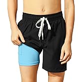 Belovecol Boys Swim Trunks with Compression Liner Solid Color Bathing Suits Summer Quick Dry Swimwear Swim Shorts 6-20T
