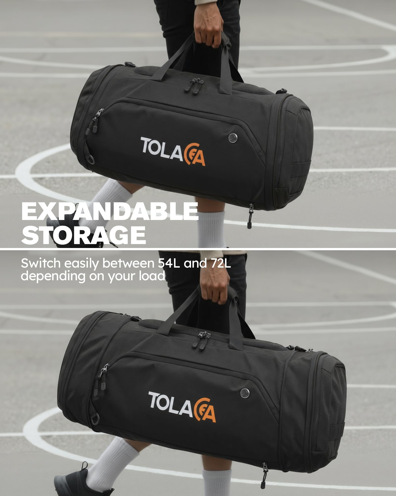 Tolaccea Sporttasche 56–70L für Herren & Damen– Erweiterbare Reisetasche mit Schuhfach & Nassfach, als Rucksack tragbar, für Fitness, Gym, Schwimmen, Fußball, Reisen (Schwarz) 3