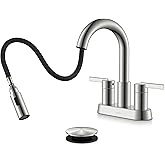 KENES Brushed Nickel Pull Down Bathroom Faucet, 4 Inch 2 Handle Centerset Bathroom Faucet 3 Hole with Pull Out Sprayer, Bathroom Sink Faucet with Pop Up Drain & Supply Lines LJ-9069