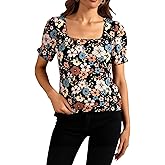 winkbay Women's Summer Floral Ruffle Sleeve Tops Boho Square Neck Dressy Casual Blouses Vacation Outfits