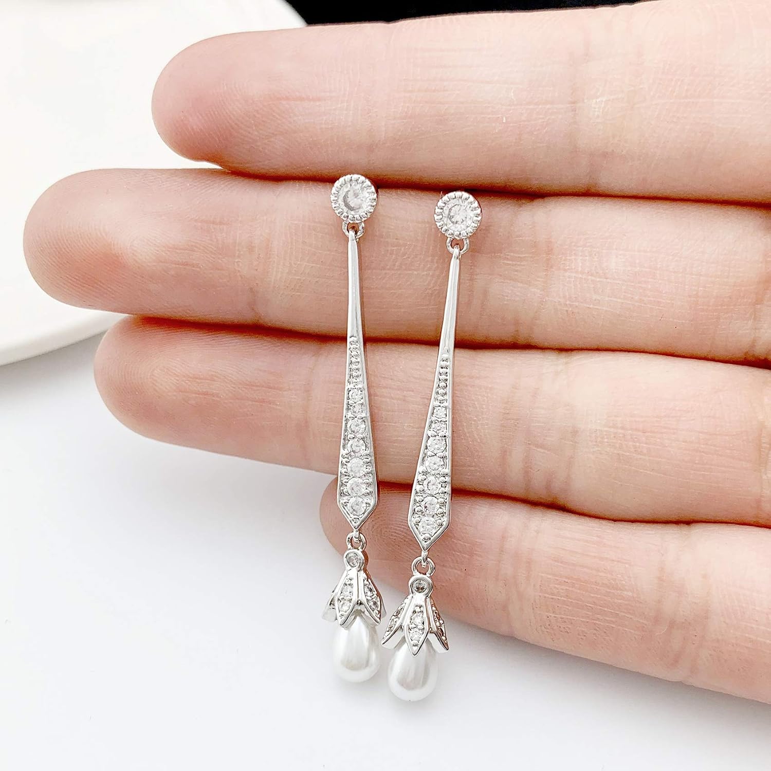 HAISWET Elegant Bride Dangle Drop Earrings Pierced Simulated Pearl Cubic Zirconia Silver Tone, White, 4.8 cm x 0.5 cm - Image 5