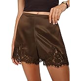 Women Lace Trim Satin Shorts lastic Waist Lace Patchwork Silk Slip Micro Shorts Lounge Pettipants Pajamas Bottoms