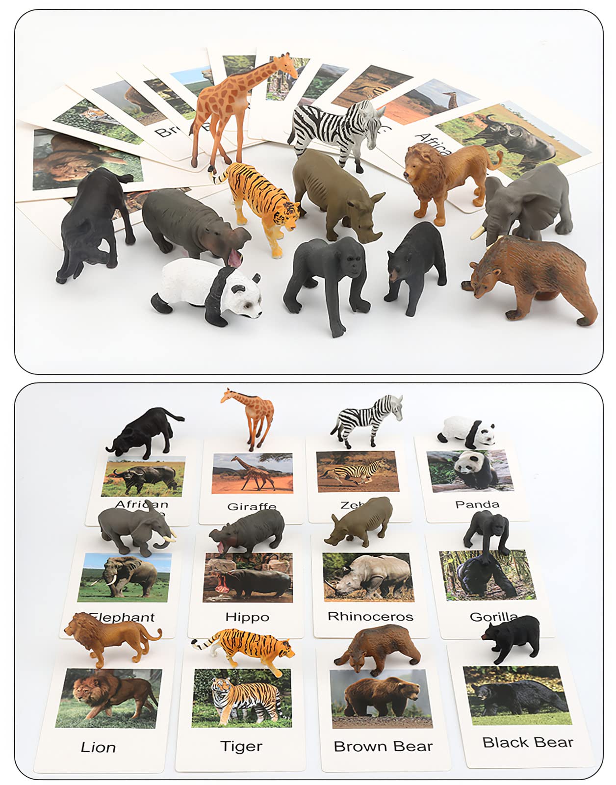 Small Montessori Animal Figures with Flash Cards, Realistic Animal Figurines Toys, Montessori Materials Homeschool Preschool Science Educational Matching Game for Toddler Kids (Zoo)