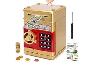 Acalu Piggy Bank boalord for Kids, Mini ATM Auto Scroll Paper Coin Bank Money Saving Box with Password, Cashes & Coins Saving Box for Boys and Grils Gifts Toys (Gold)