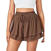 Umenlele Women's Casual Smocked Drawstring Elastic High Waist Layered Ruffle Shorts Pants