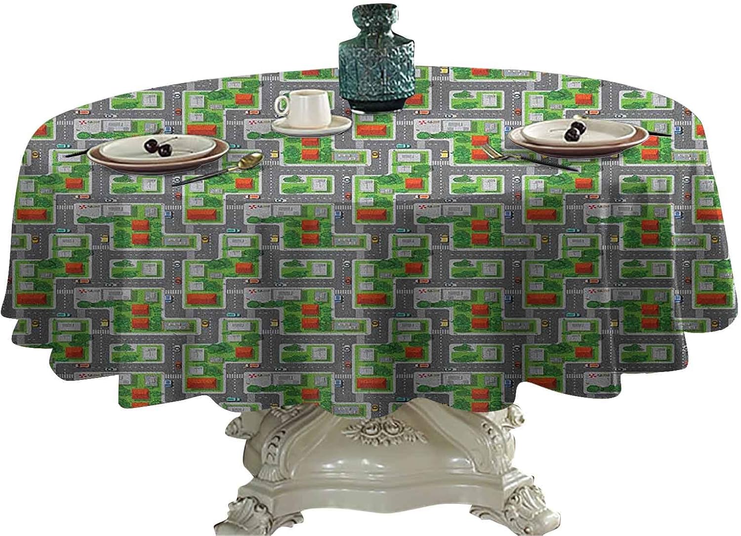 Kids Car Race Track Roadway Activity Food Round Tablecloth Suburb View with Houses Gardens and Trees Cartoon Outdoor Picnics 60 inch