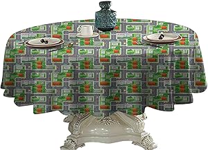 Kids Car Race Track Roadway Activity Food Round Tablecloth Suburb View with Houses Gardens and Trees Cartoon Outdoor Picnics 60 inch