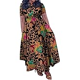 Xuideoy Casual Plus Size Maxi Dress for Women African Print Long Dress Short Sleeve Flowy Ruffle Dress with Belt 2025 Fashion