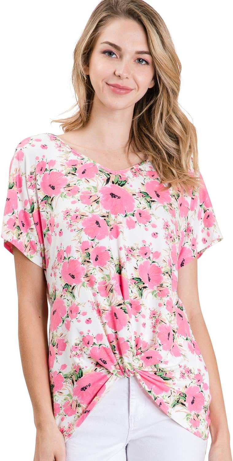 Doublju Women's Wide V-Neck Short Sleeve Twisted Front T-Shirts with Plus Size FLORALCORAL 3X