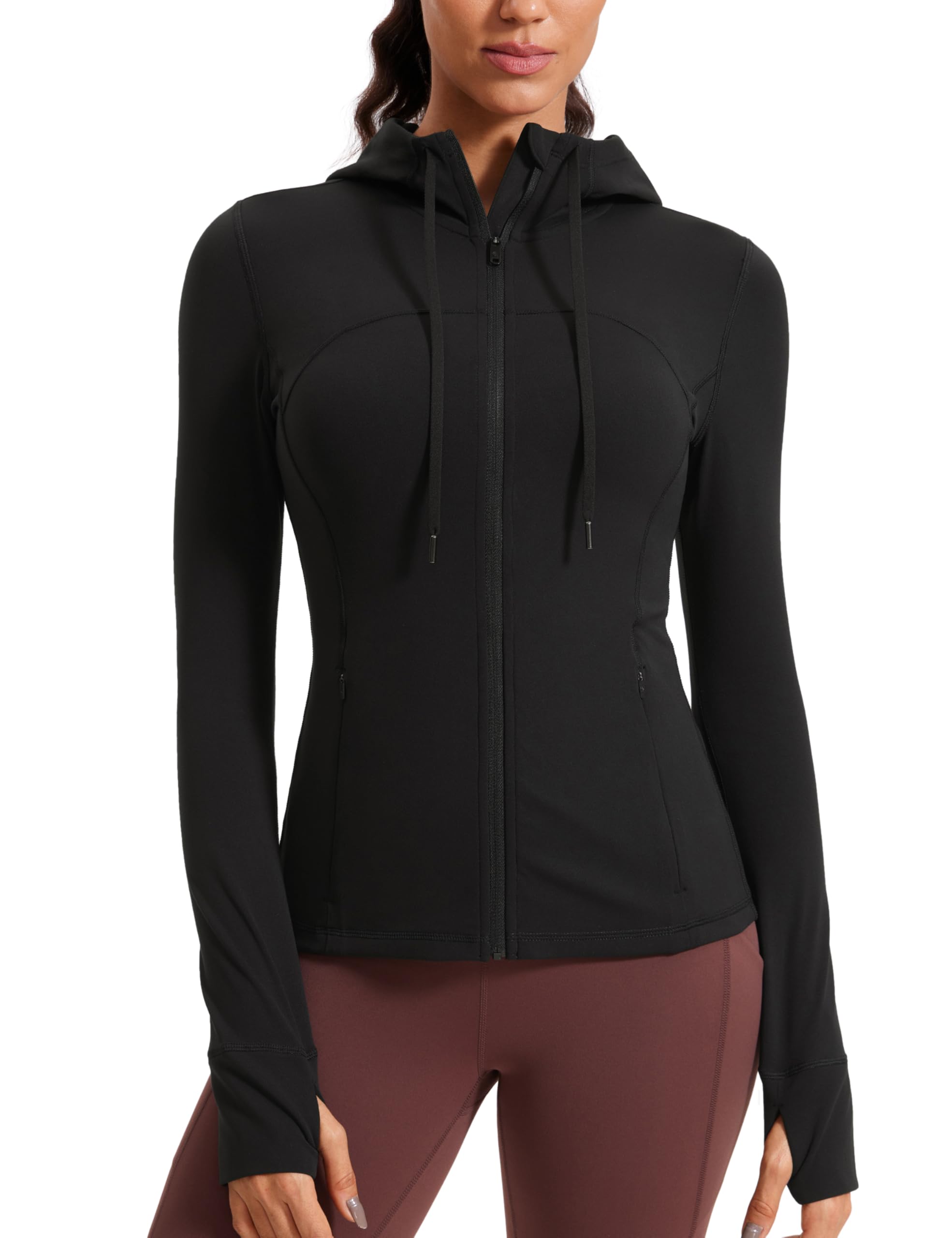 Photo 1 of CRZ YOGA Butterluxe Womens Hooded Workout Jacket - Zip Up Athletic Running Jacket with Back Mesh Vent & Thumb Holes Black Size: Large
