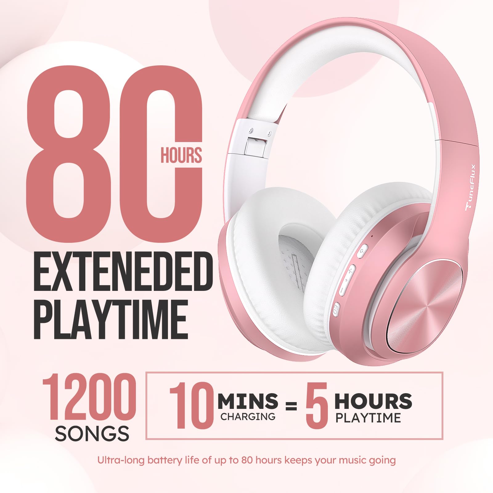 TuneFlux Wireless Bluetooth Headphones Over Ear, 80H Playtime, 3EQ Sound Modes, HiFi Stereo Headphones with Deep Bass, Foldable Bluetooth 5.3 Headsets for Smartphone/PC/Computer-Rose Gold