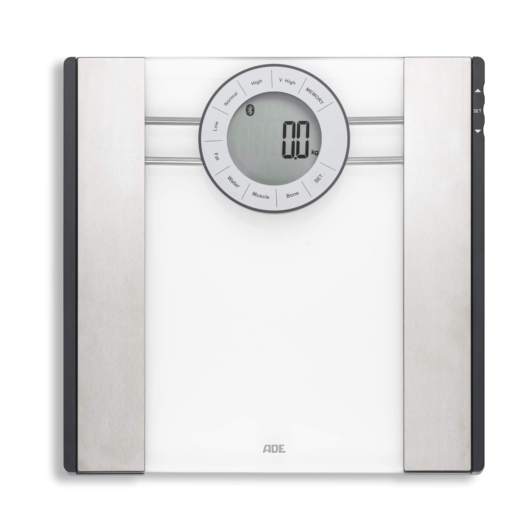 ADE Smart Body Analyser Scale BA 1601 FITvigo (digital body fat scale with app and bluetooth, for analysis of weight, body fat, body water, muscle mass and BMI) silver