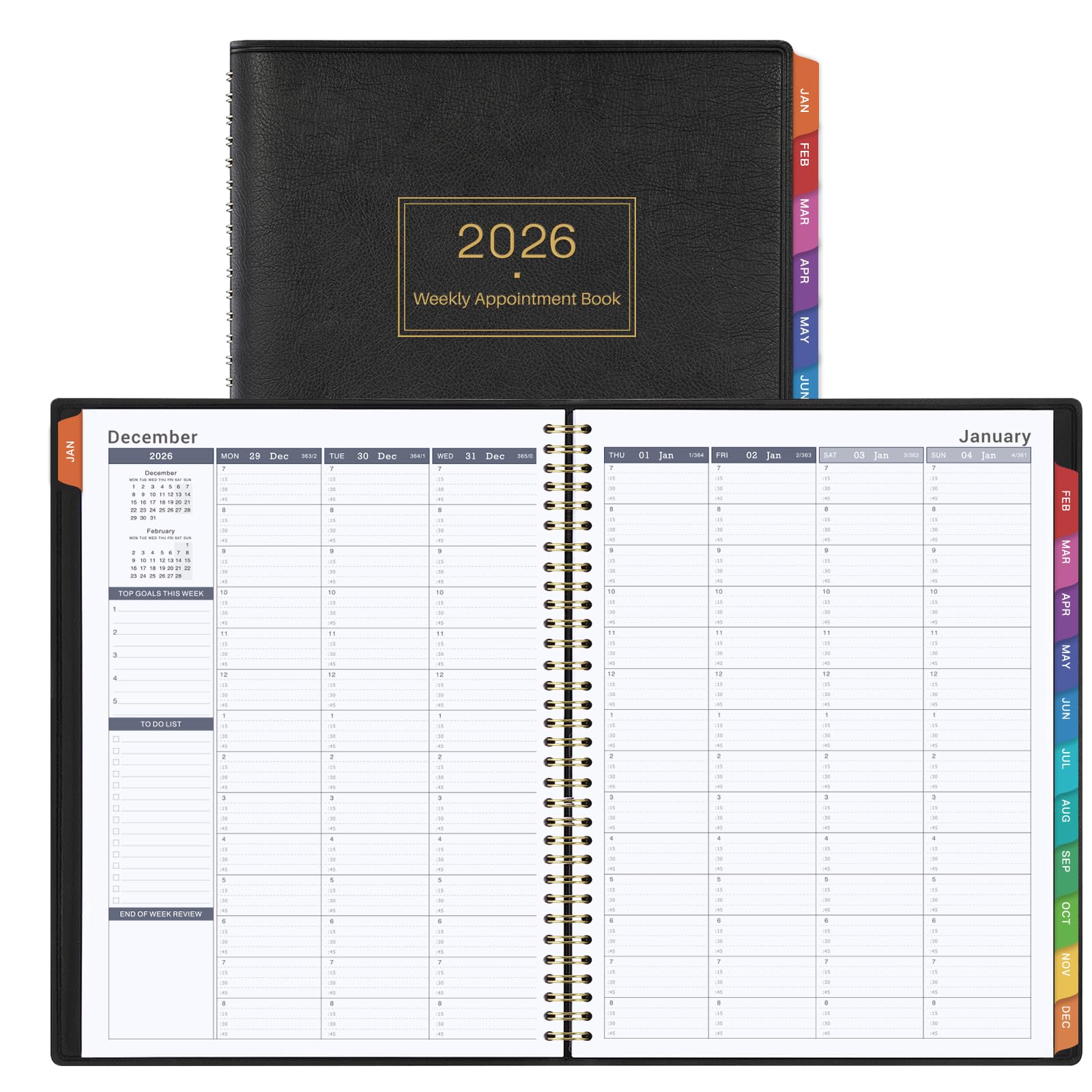 Photo 1 of 2026 Appointment Book & Planner - 2026 Daily Hourly Planner, JAN 2026 - DEC 2026, 8.5" x 11", 2026 Weekly Appointment Book, 2026 Planners with 15-Minute Interval, Leather Cover, Colorful Tabs - Black