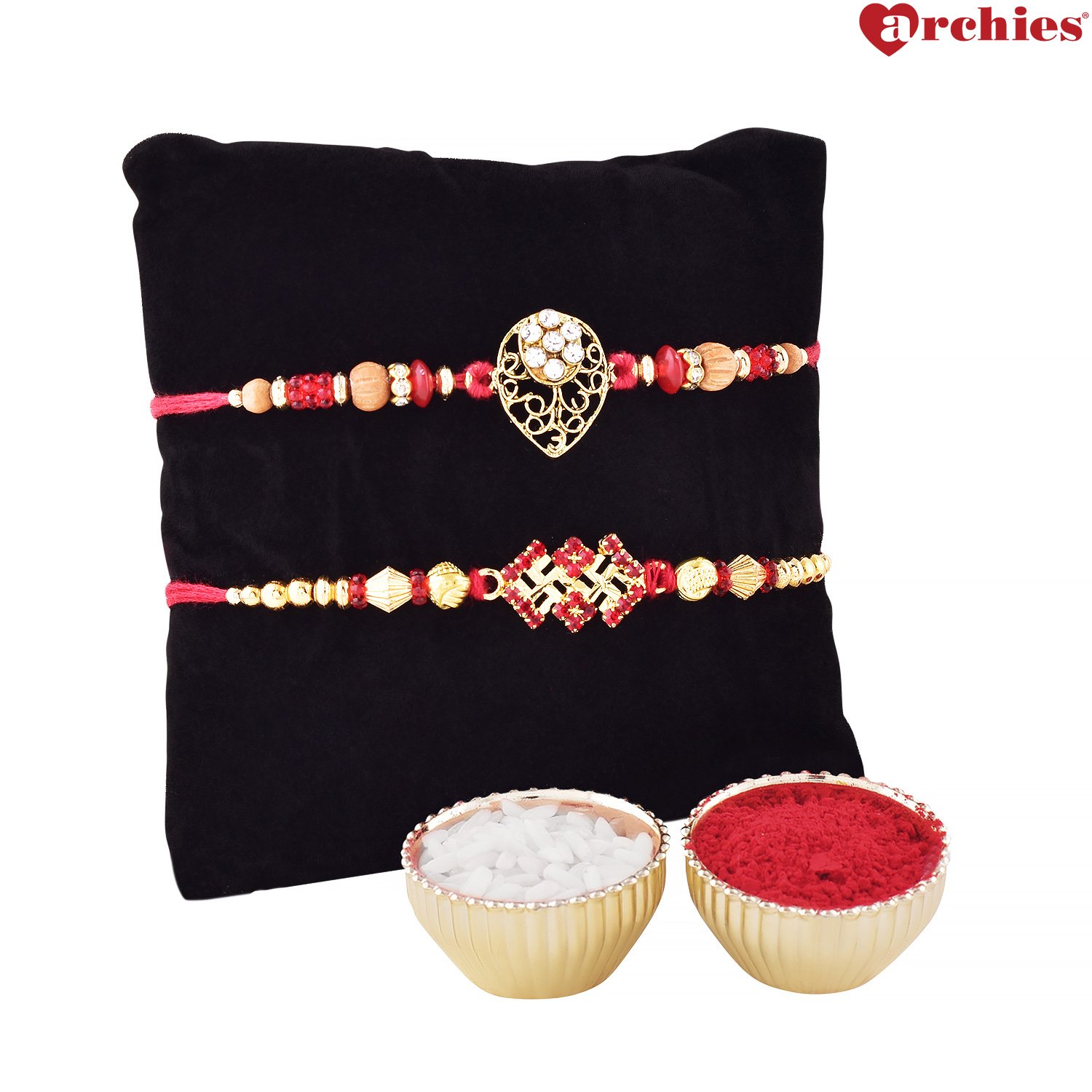 archies rakhi for brother, tilak and swastik rakhi with roli tika- set of 3
