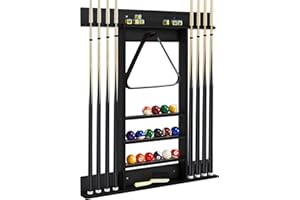 GYMAX Pool Cue Rack, 8 Cue Wall-Mounted Pool Stick Holder with 15 Billiard Balls Holders and 1 Triangle Rack, Solid Pine Wood