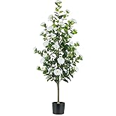 BLOSMON Artificial Trees for Home Decor: Indoor 4.9ft Tall Fake Plants Outdoor Camellia Flowers Tree for Front Porch - Faux White Rose Plant with Pot for Living Room Door Patio Deck Yard