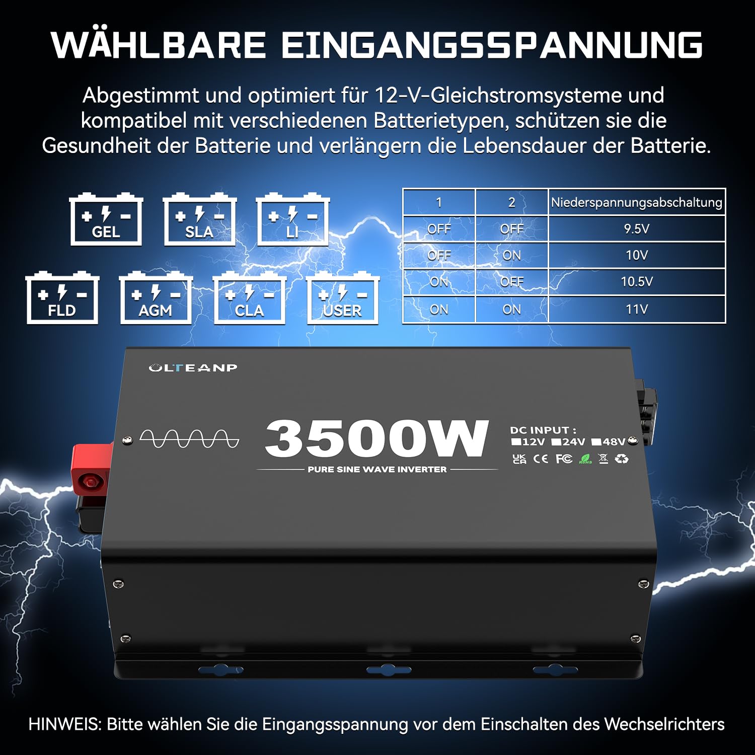 OLTEANP 3500W/7000W Wechselrichter 12V auf 230V Reiner Sinus Spannungswandler Power Inverter mit 2 AC Steckdosen,Type-C&USB Anschlüsse,LCD-Bildschirm-Fernbedienung,Für Wohnmobil Wohnwagen 5