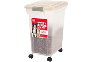 IRIS OHYAMA IRIS USA Airtight Dog Food Storage Container, WeatherPro, Up to 40 lbs, Removable Wheels, for Dog Cat Bird and Other Pet Food Storage Bin, Keep Fresh, Translucent Body, Made in USA, Clear/Almond