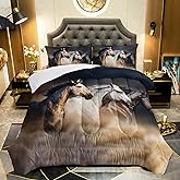 QOOMO Horse Comforter Full Size,Galloping Horse Bedding Set for Kids Teens Girls Boys,3Pcs Bedding Set Printed Comforter with 2 Pillowcases,Soft and Lightweight，Full Size