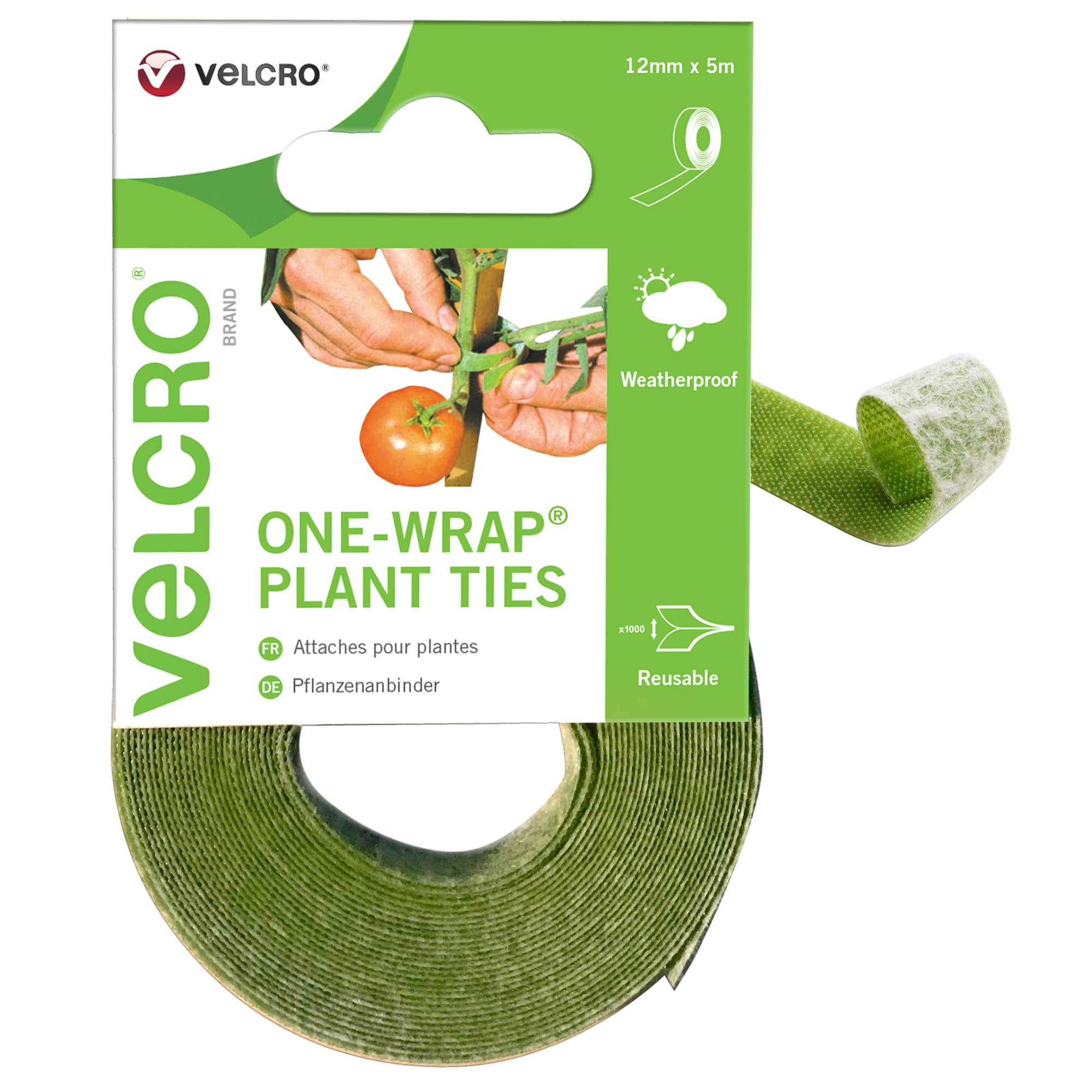 VELCRO Brand ONE-WRAP Plant Ties Tape, 12mm x 5m, Green - Reusable, Plant-Friendly Secure Solution For Tree Ties Straps, Plant Clips, VEL-EC60202,package may vary