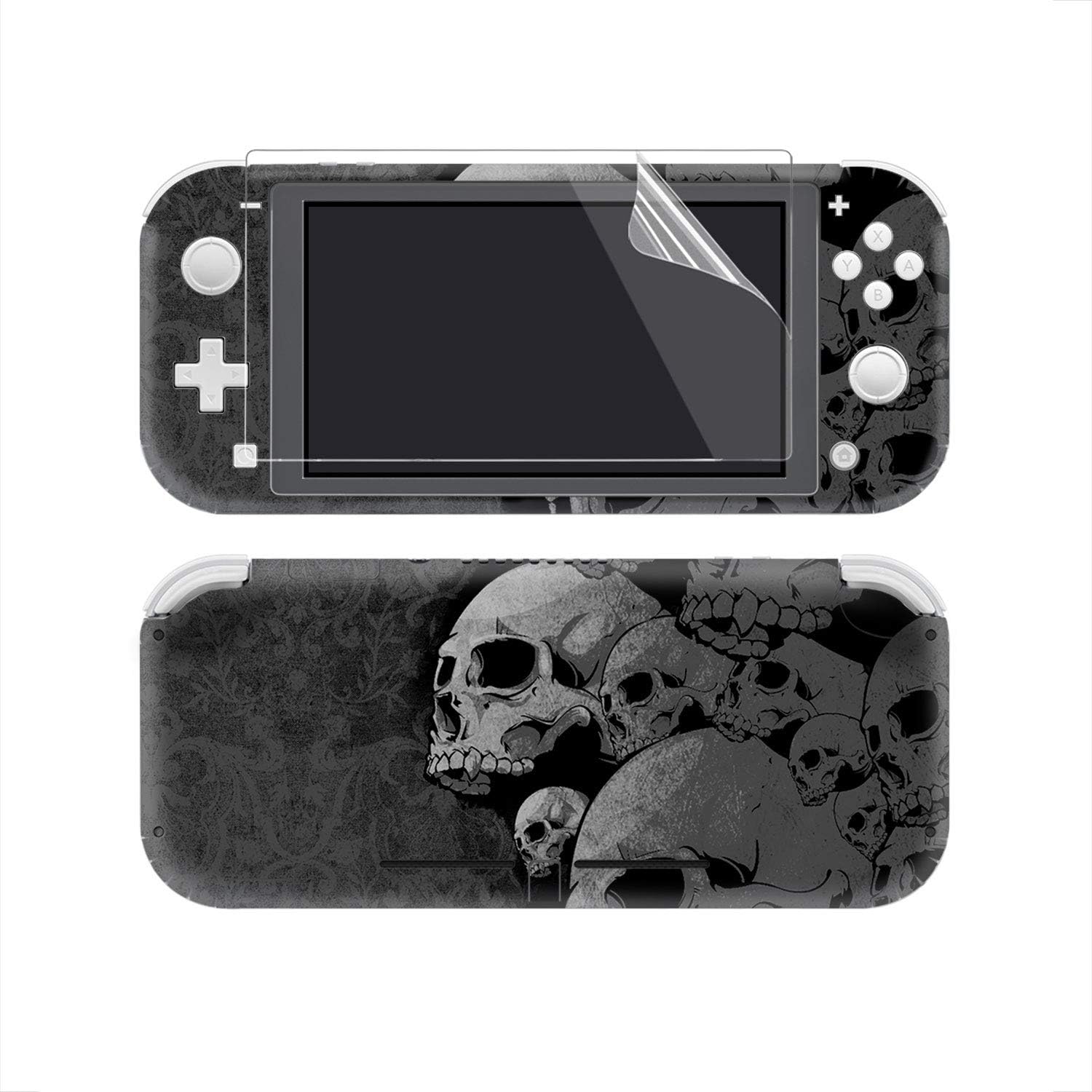 eXtremeRate Full Set Faceplate Skin Decals Stickers and 2 Pcs Screen Protector for Nintendo Switch Lite/NSL Console - Gray Skull