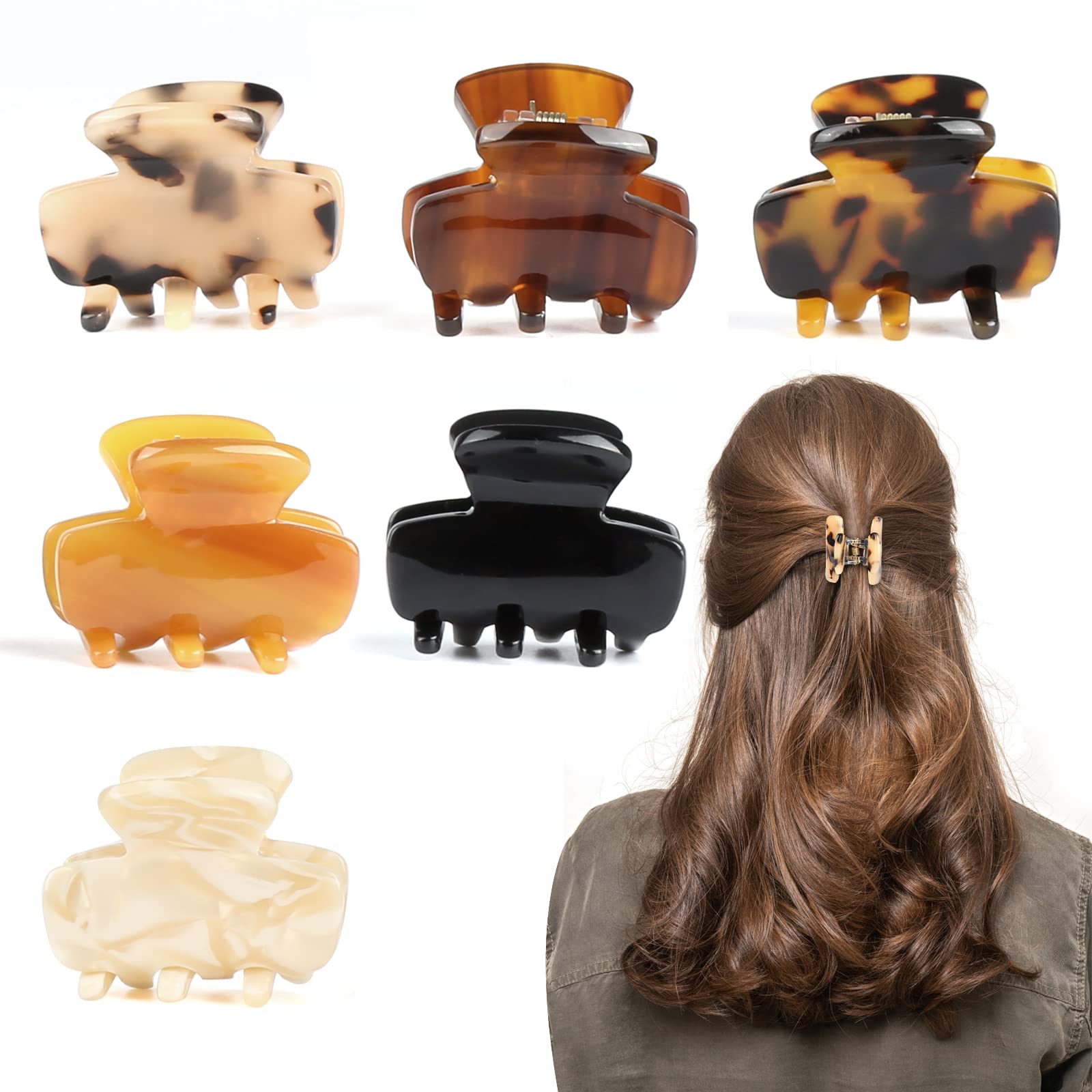 HDHGXUJRD Hair Clip Pack - 6 Small Non-Slip Claw Clips for Women & Girls with Medium & Thin Hair - Tortoiseshell Cellulose Acetate — image 1