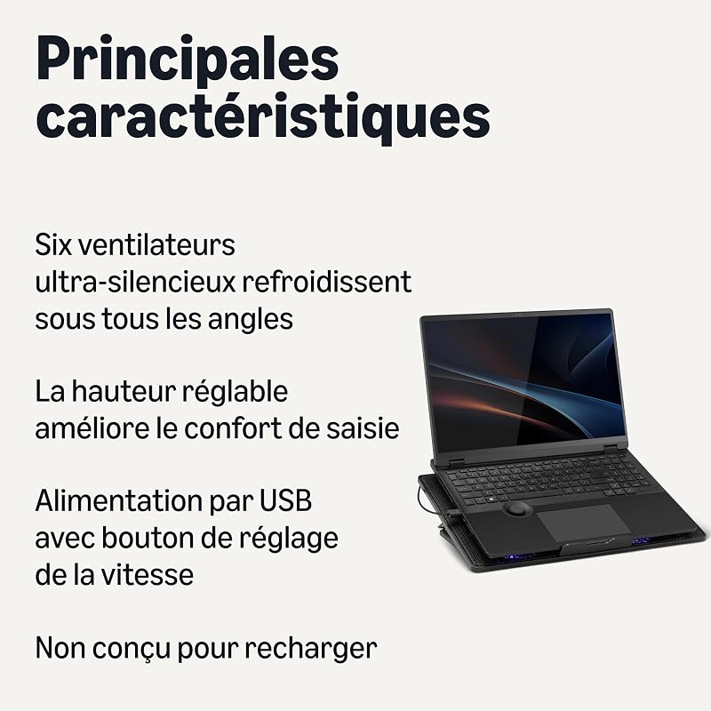Support de Refroidissement pour Ordinateur Portable avec 6 Ventilateurs Silencieux, pour Ordinateurs Portables de 12 à 17 po, avec Ports USB-A et USB-C, Réglable en Hauteur