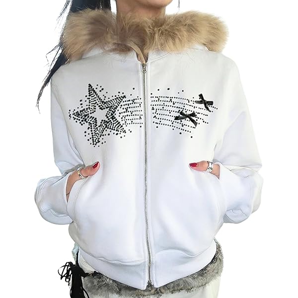 Y2k Zip Up Hoodie Fur Jackets Winter Coats Teen Emo Grunge