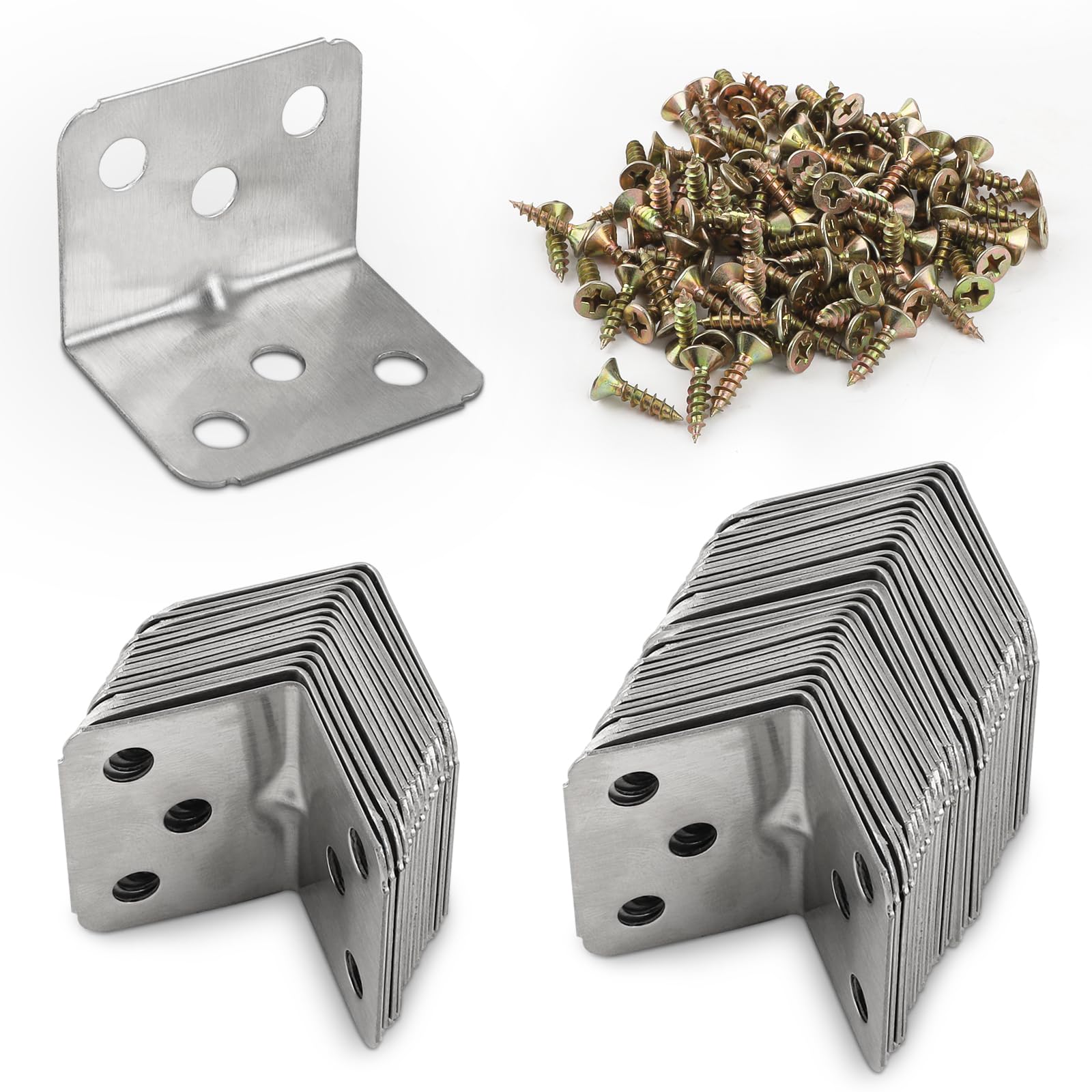 50 PCS Stainless Steel Corner Brackets, L Bracket, 90 Degree Corner Brace with 200 Screws, Right Angle Bracket, Metal Brackets for Wood Furniture Fixing and Repairing-36 x 27mm