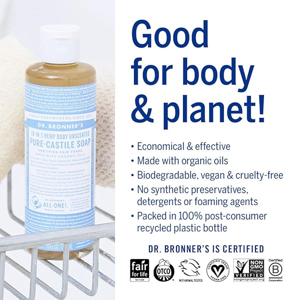DR. BRONNER’S – PURE-CASTILE LIQUID SOAP (BABY UNSCENTED, 4 OUNCE) – MADE WITH ORGANIC OILS, 18-IN-1 USES: FACE, HAIR, LAUNDRY, DISHES, FOR SENSITIVE SKIN, BABIES, NO ADDED FRAGRANCE, VEGAN, NON-GMO