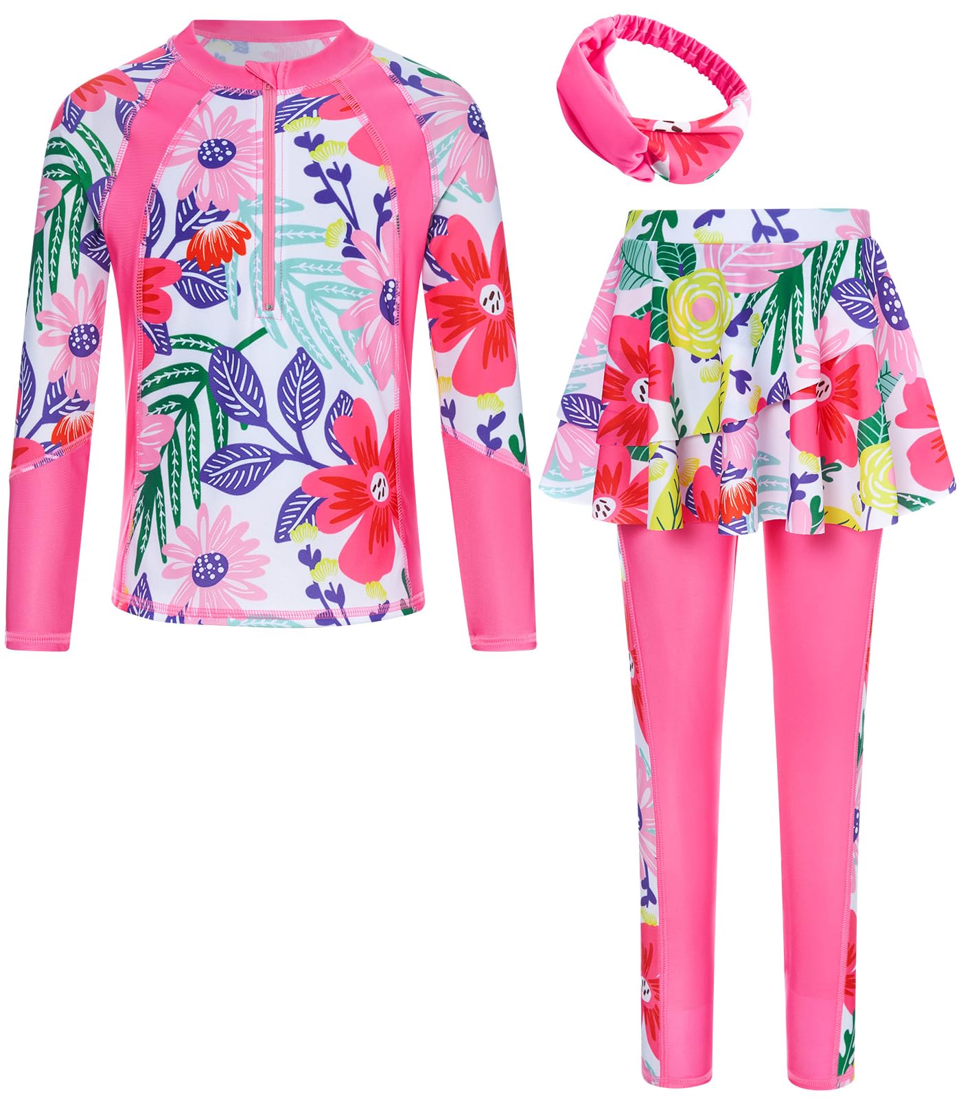 Photo 1 of Girls Long Sleeve Swimsuit Kids 2-Pieces Rashguard Half Zip Size 5-6 Bathing Suit UPF 50+ Skirt with Pants Swimwear Sets Hot Pink Flower