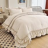 AIKASY Camel Ruffle Comforter Set King, 3 Pieces Vintage Ruffle Fringe Comforter, Farmhouse Rustic Microfiber Down Alternative Bedding (1 Comforter + 2 Pillow Shams)