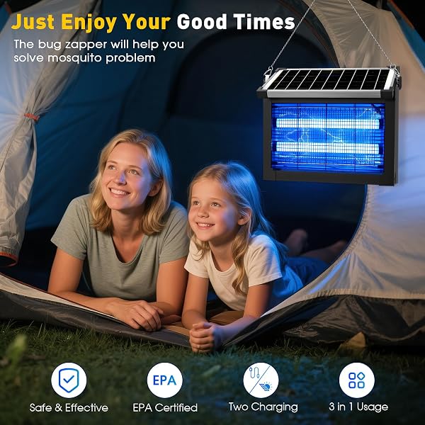 SOLAR BUG ZAPPER OUTDOOR, 4500V SOLAR MOSQUITO ZAPPER OUTDOOR WATERPROOF, 1/2 ACRE COVERAGE RECHARGEABLE ELECTRIC FLY ZAPPER, CORDLESS PORTABLE MOSQUITO TRAPS FOR BACKYARD, PATIO, CAMPING, INDOOR