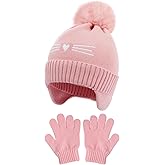 Girls Winter Hat and Gloves Set, Kids Cat Embroidered Knit Beanie with Earflaps Fleece Lined Pom Pom Ski Cap for 2-10Y