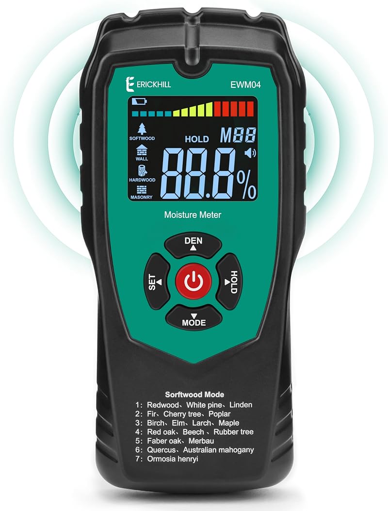 ERICKHILL Wood Moisture Meter Non-Invasive Damp Meter with 4 Modes LCD Backlight