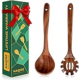 KAQISE Wooden Ladle for Soup, Pasta Spaghetti Spoon with Teeth, Teak Slotted Strainer Spoon for Serving Noodle, Wooden Pasta Fork Server Kitchen Utensils Set(2PCS)