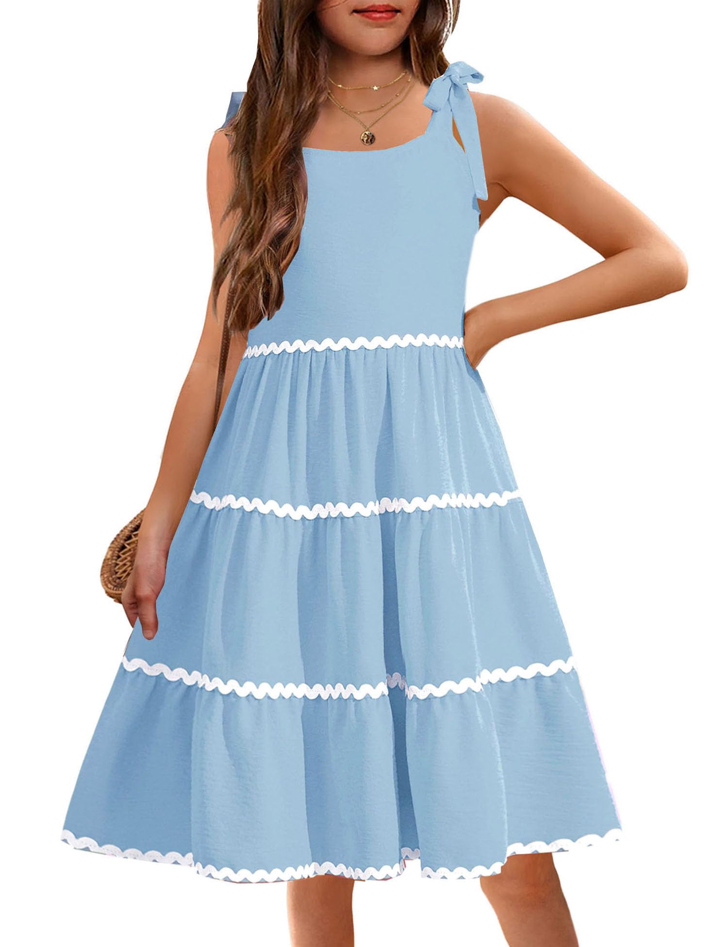 Photo 1 of Arshiner Girls Summer Sleeveless Bow-Tie Straps Sundress Flowy Smocked Backless Tiered Lace Swing Midi Dress with Pockets Light Blue Kids 5-6 Y