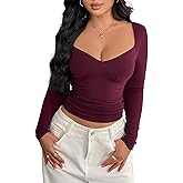 Women's Sexy Deep V Neck Tops Summer 2026 Long Sleeve T-Shirt Slim Fitted Solid Y2K Going Out T Shirts Top Y54