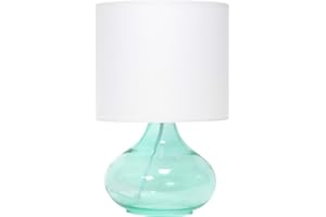 Simple Designs LT2063-AOW Small Glass Raindrop Bedside Table Lamp with White Fabric Shade, Aqua