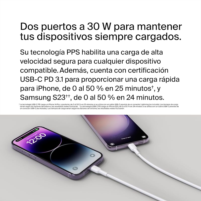 Carregador de parede belkin boostcharge dual usb-c com 60 w pps, carregador usb para iphone 16, 15 e ipad, samsung galaxy e google pixel, compatível com cabos usb-c para lightning e cabos usb-c para usb-c