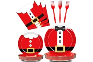 KEPEEL 96 Pcs Santa Christmas Paper Plates Santa Claus Suit Disposable Party Plates Napkins Set Merry Christmas Holiday Dinnerware Party Decoration Supplies, Serves 24