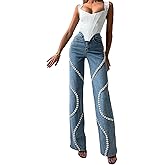 Unybwonn Women High Waist Jeans Rhinestone Trim Bling Baggy Denim Pants Y2k Straight Wide Leg Trousers Streetwear